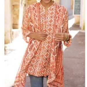 Soft Surrounding Chiffon Long Sleeve Tunic Button Front Draped Flowy Lagenlook